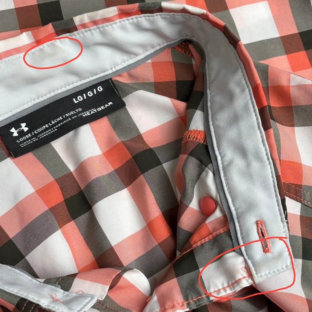 Under Armour Mens L Plaid Button Up Shirt Orange Gray HeatGear Vent Short Sleeve - Picture 8 of 13